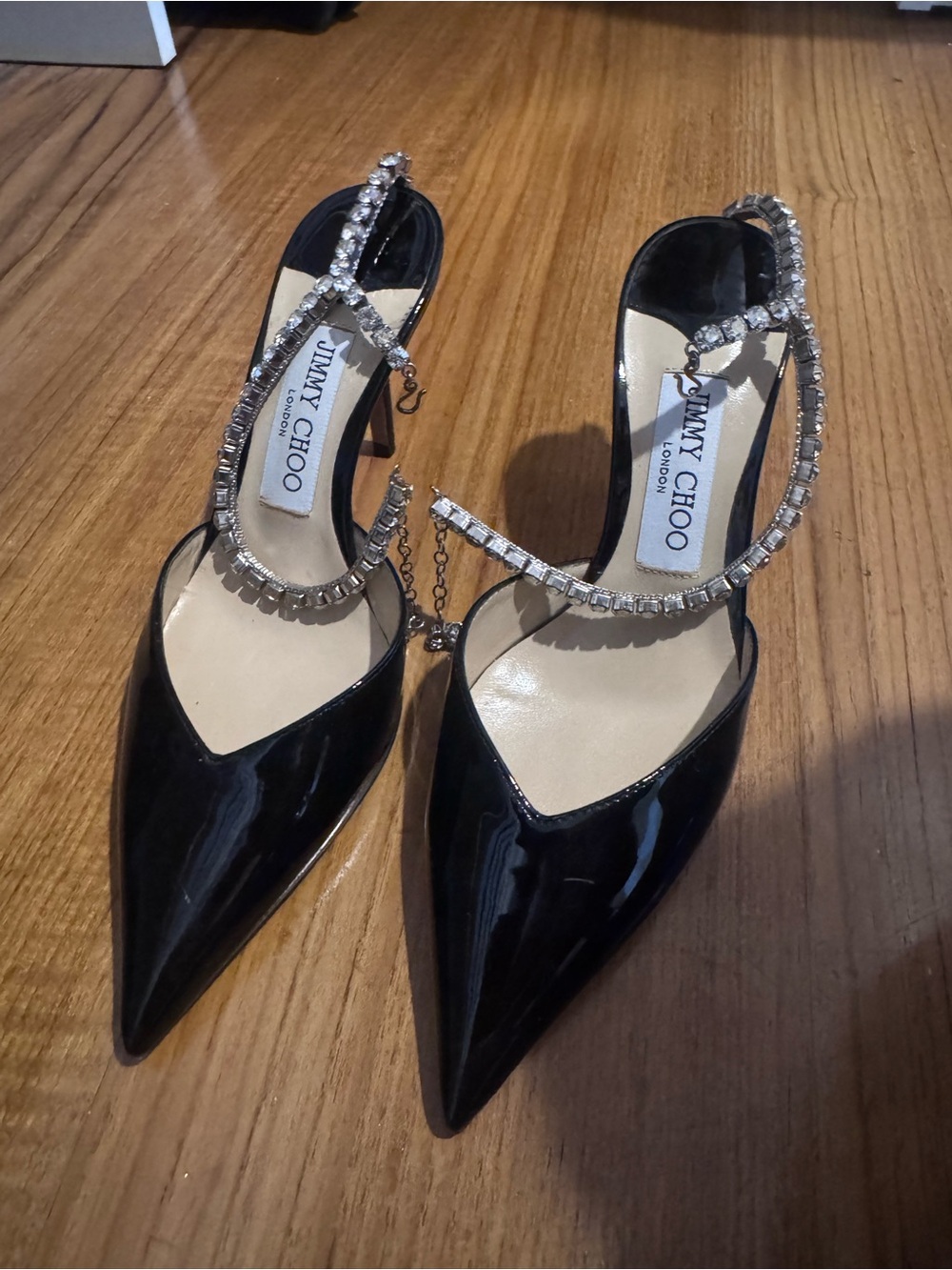 Jimmy Choo Black Patent Pointed Toe Crystal-Embellished Slingbacks